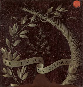 Krans van laurier, palm en jeneverbes met een rol inscriptie Virtutem Forum Decorat (achterkant) door Leonardo da Vinci